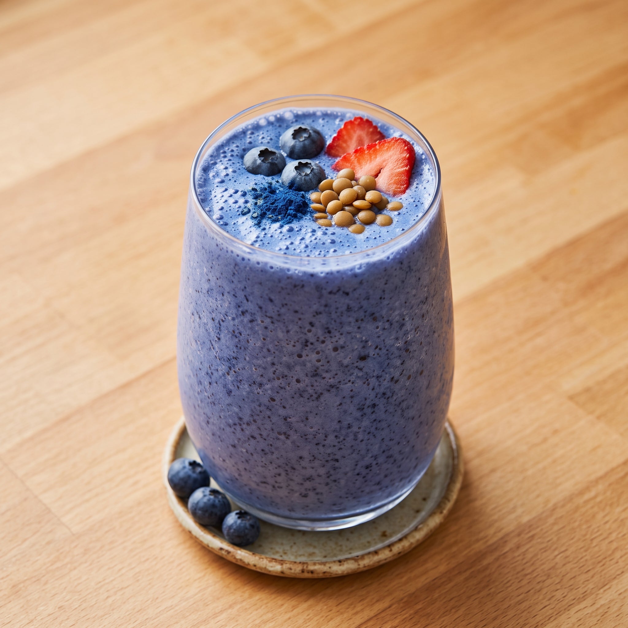 Blue smoothie in a glass topped with blueberries, strawberries, blue spirulina, and brown lentils.