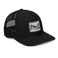 a black trucker hat with a white logo