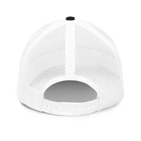 a white hat with a black patch on the front