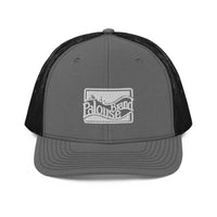 a gray and black trucker hat with a white logo