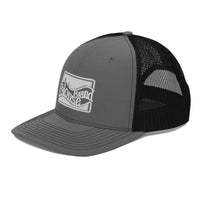 a gray and black trucker hat with a white logo