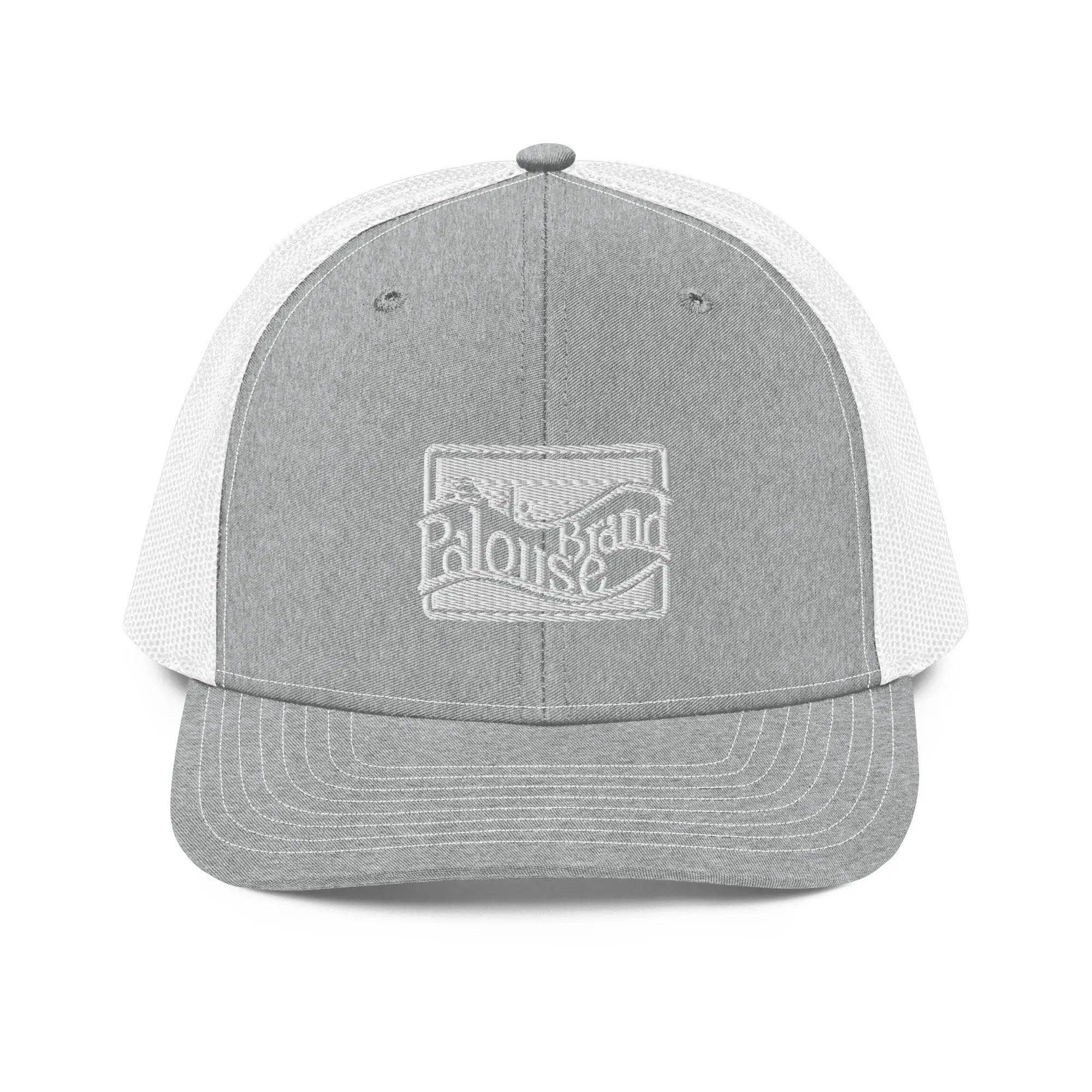 a gray and white trucker hat with a white patch on the front of it