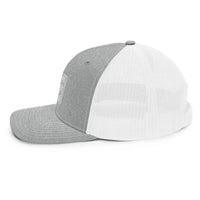 a grey and white hat on a white background