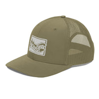 a green trucker hat with a white logo