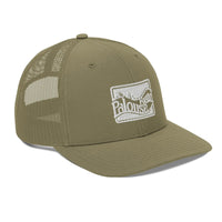 a khaki trucker hat with a white logo