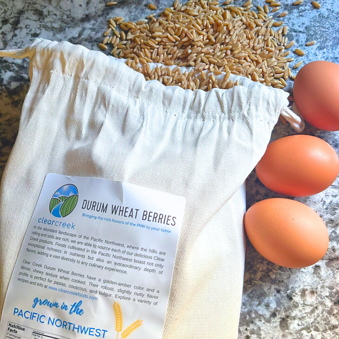 bag of durum wheat berries next to three eggs