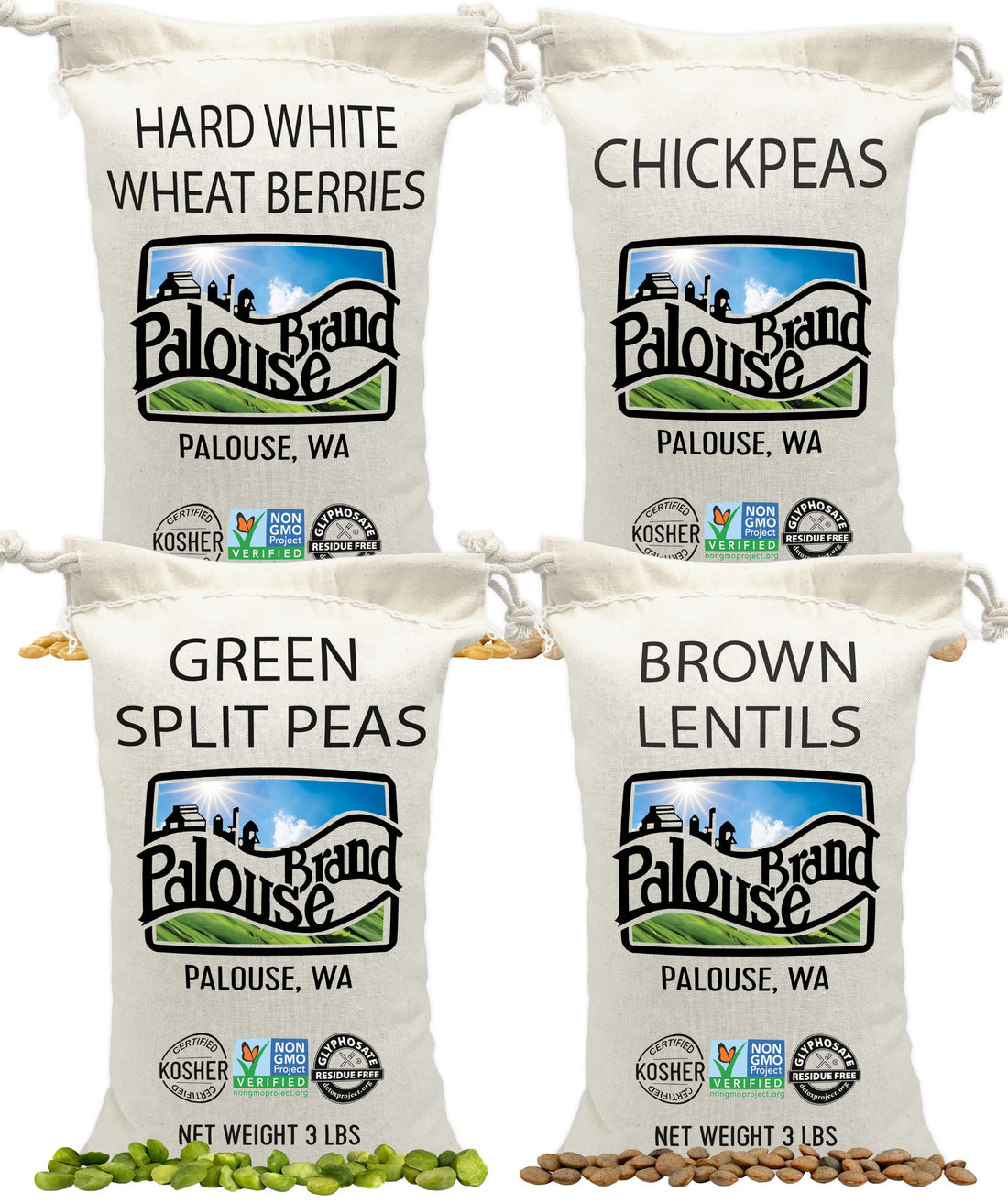 chickpeas 3 lbs,brown lentils 3 lbs,green split peas 3 lbs,hard white wheat berries 3 lbs