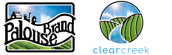 Two logos side by side with 'Palouse Brand' on the left and 'Clearcreek' on the right, featuring scenic designs.