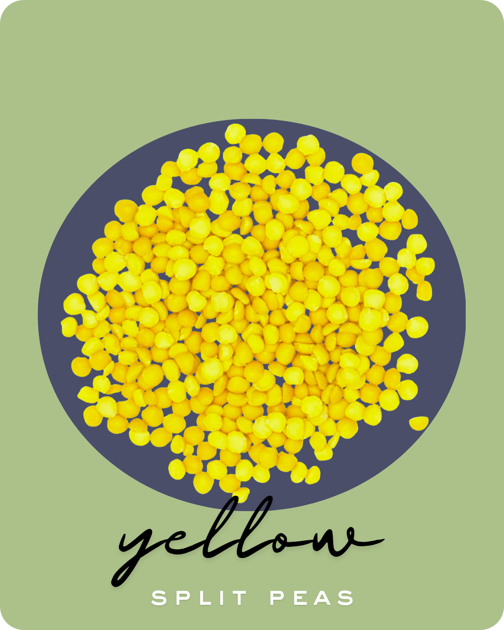 Yellow split peas on a green background with 'yellow split peas' text.