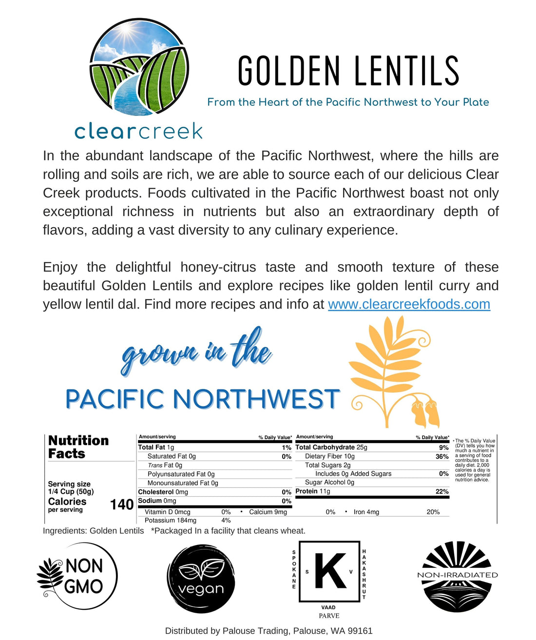 Nutrition Facts for Idaho Grown Golden Lentils