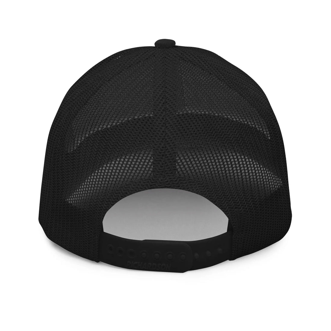 a black trucker hat with a white visor