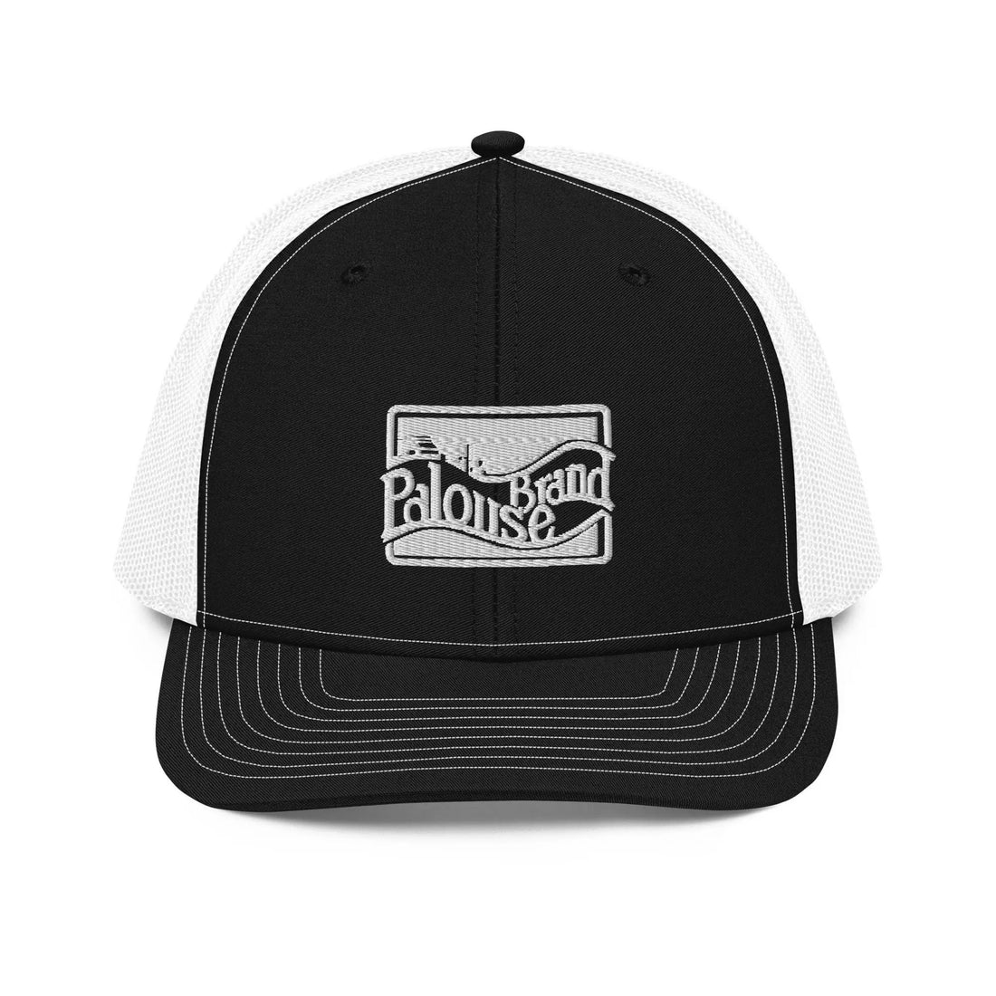 a black and white trucker hat with the logo of a band