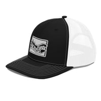 a black and white trucker hat with a black and white logo