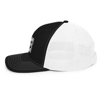 a black and white hat on a white background
