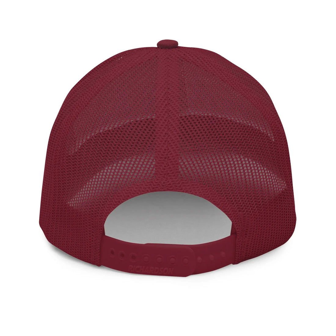 a red trucker hat with a white visor