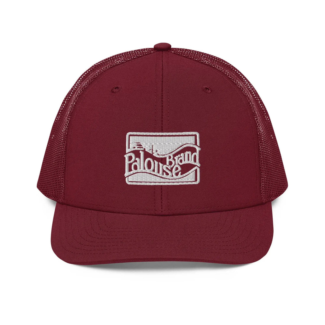 a maroon trucker hat with a white logo on the front