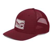 a maroon trucker hat with a white logo