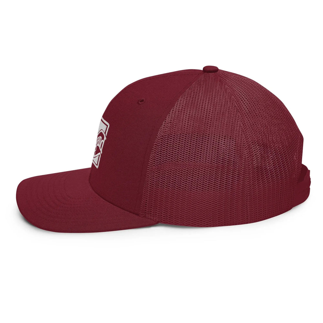 a maroon hat with a white logo on it