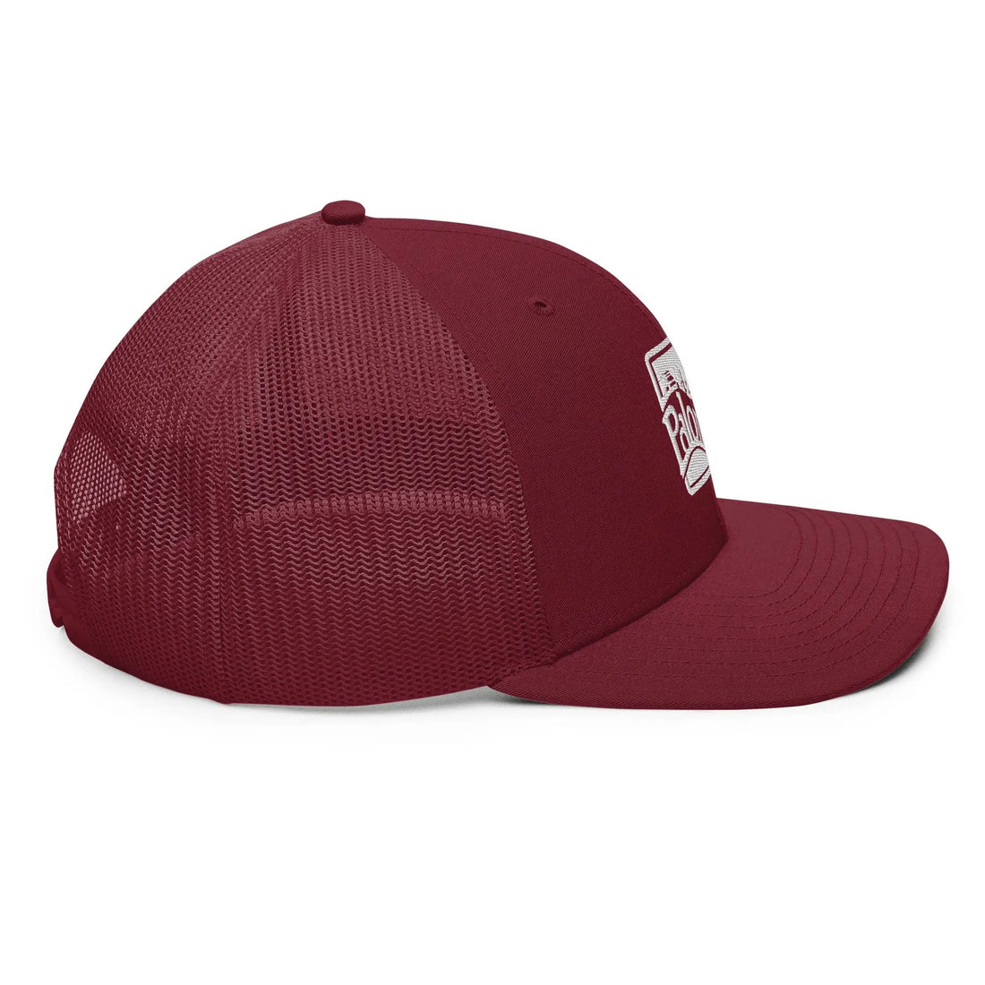 a maroon hat with a white patch on the front