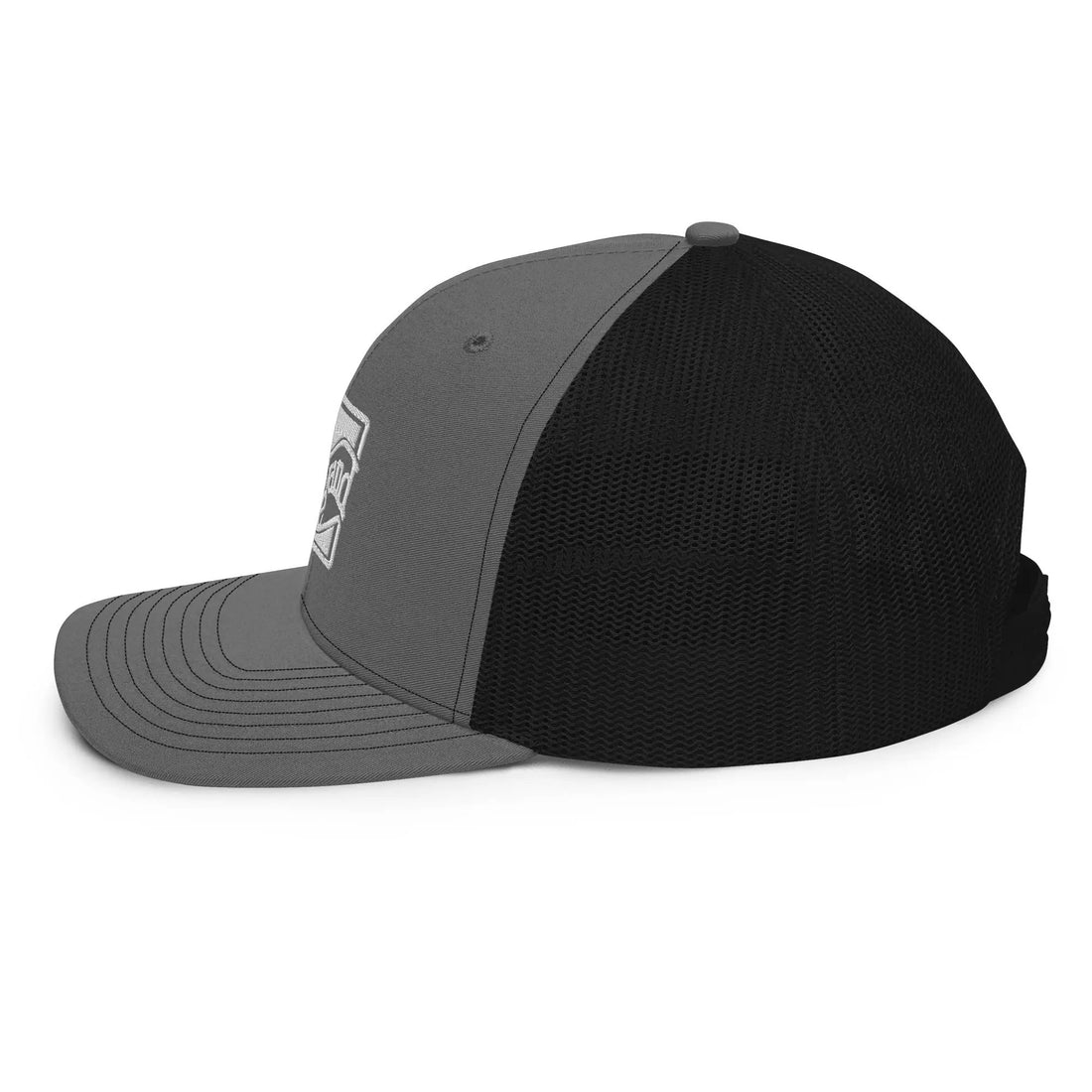 a black and grey hat with a white patch on the side
