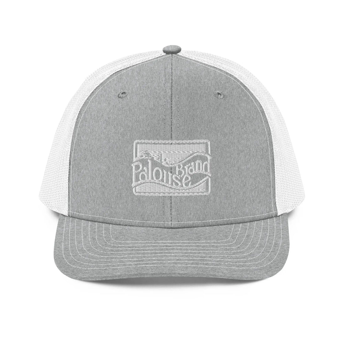 a gray and white trucker hat with a white patch on the front of it