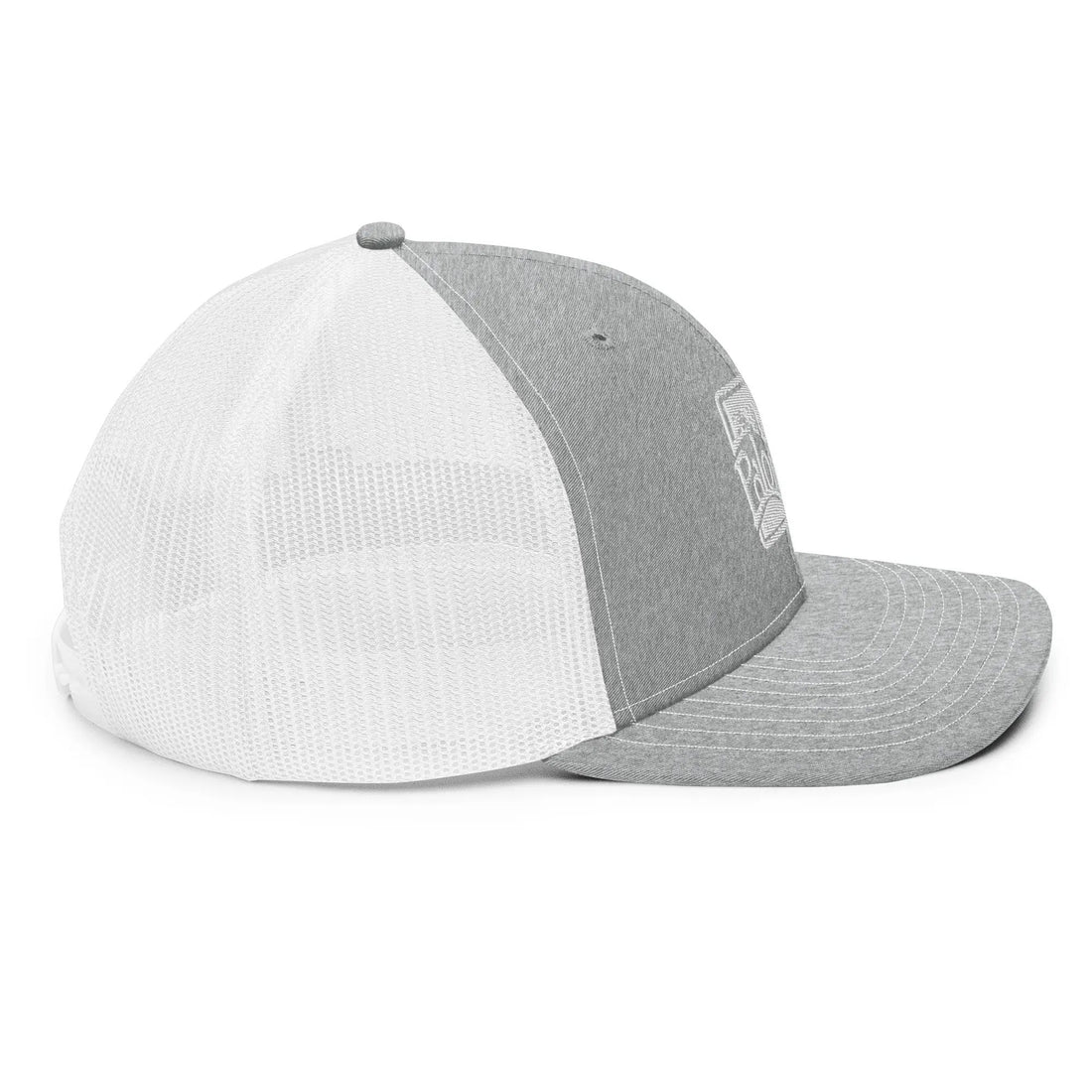 a grey and white hat on a white background