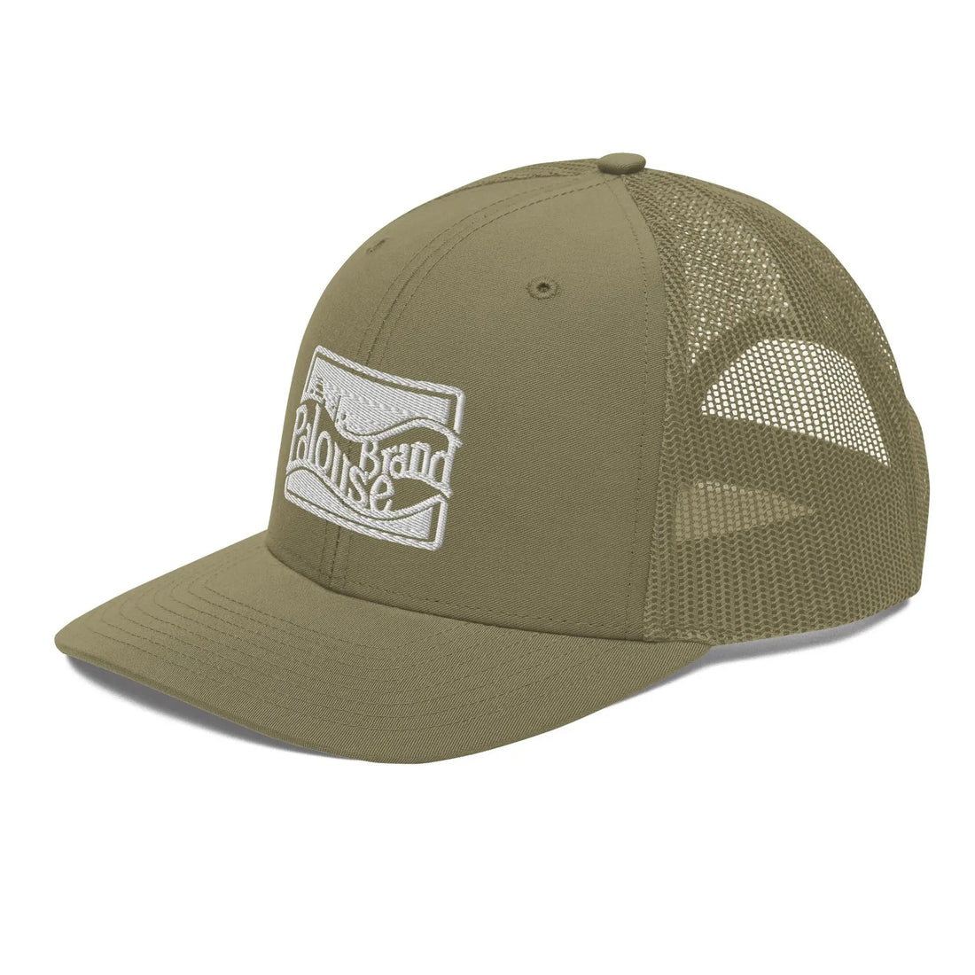 a green trucker hat with a white logo