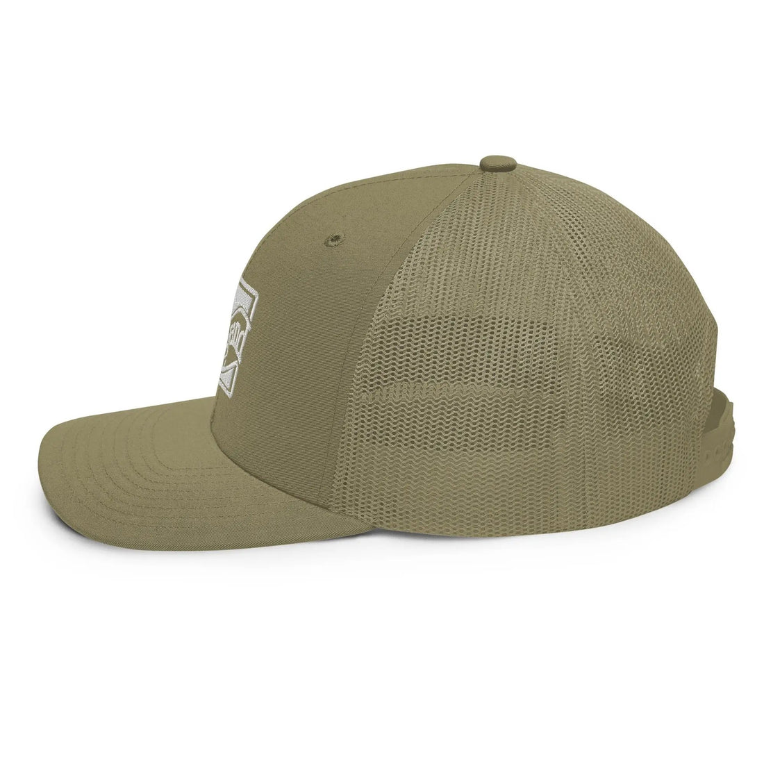 a khaki green hat with a white logo on the front